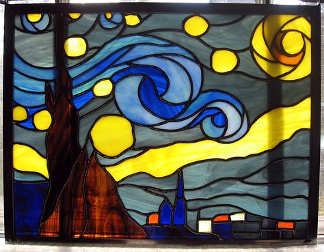 Starry Night Stained Glass Panel. My all time favorite piece created. I wish I hadn't sold it! www.stainedglassyourway.com Starry Night Stained Glass Pattern, Mosaic Stained, Stained Glass Paint, Making Stained Glass, Starry Nights, Stained Glass Crafts, Stained Glass Panel, Art Stained, Stained Glass Designs