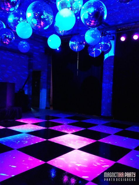 Disco ball dance floor at a Wedding Reception #dance #wedding Blacklight Wedding, Disco Room, Wedding Reception Dance Floor, Reception Dance, Dancing Wedding, Ball Dance, White Dance, Aquarium Wedding, 80s Disco