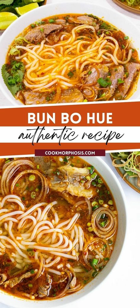 Many people around the world love this Vietnamese authentic Bun Bo Hue. This spicy beef noodle soup and its plating are somewhat sophisticated, but it's all worth your time. You'll love the unique flavor of … Vietnamese Beef Noodle Soup, Food Recipes Vietnamese, Spicy Pho Recipe Authentic, Vietnamese Noodle Soup Recipes, Bun Bo Hue Recipe Vietnam, Spicy Asian Recipes, Korean Beef Noodle Soup, Vietnamese Beef Soup, Cambodian Noodle Soup