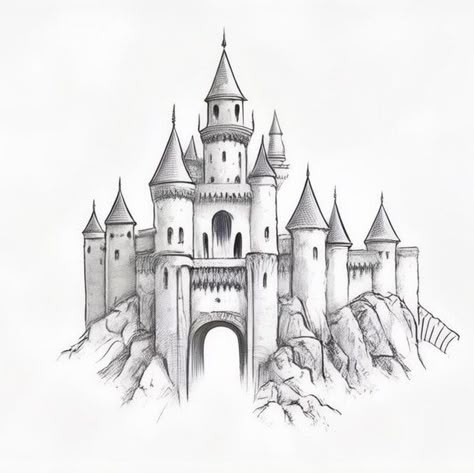 Sketch Of Castle, Castle Drawing Sketches Easy, Castle Aesthetic Drawing, Castle Drawing Sketches, Castle Drawing Easy, Cottagecore Drawing, Skyline Drawing, Castle Silhouette, Castle Illustration