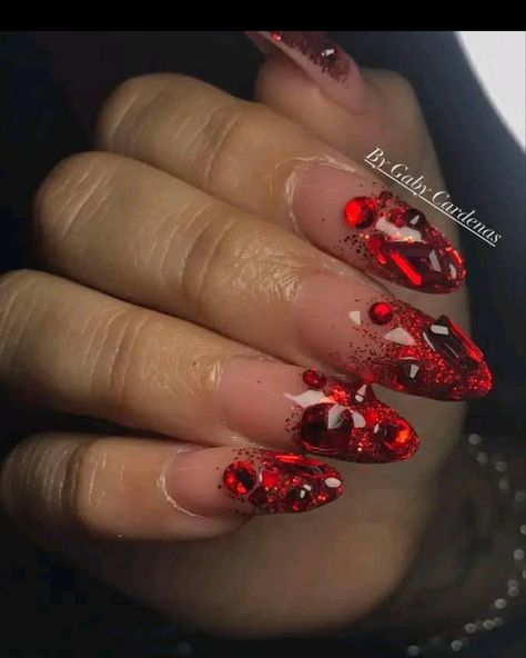 Red Almond Nails With Rhinestones, Red Stones Nails, Red Nails With Crystals, Red Stone Nails, Red Nails Gems, Red Nails Jewels, Red Nails With Stones, Red Crystal Nails, Red Nails Crystals