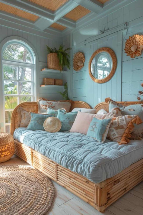 44 Unique Bonus Room Designs for Amazing Homes Beach House Library Room, Bedroom Ideas Lake House, Room Decor Bedroom Colorful, Bright Cozy Bedroom Ideas, Maximalist Beach Decor, House Interior Theme Ideas, Colorful Beach Bedroom, Boho Reading Room Ideas, Seaside Living Room