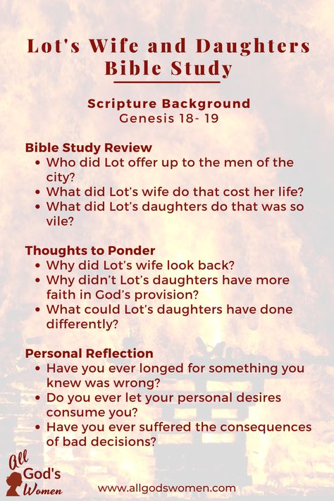 Wicked Women: Lot's Wife and Daughters - Sharon Wilharm | All God's Women Bible Study Lessons For Women, Lot's Wife, Bible Character Study, Bible Trivia, Women Of The Bible, Bible Topics, Personal Bible Study, Bible Study Topics, Bible Study Help