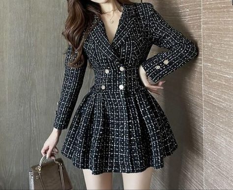 Mini Dress Fashion, Suit Dress, Korean Fashion Dress, Super Cute Dresses, Tweed Dress, Mode Inspo, Women Vintage, Mini Dresses, Black Plaid