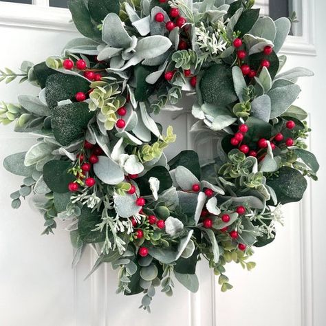 Eucalyptus Wreaths For Front Door, Lambs Ear Wreaths, Eucalyptus Wreath Christmas, Lambs Ear Christmas Wreath, Eucalyptus Christmas Wreath, Door Wreaths Christmas, Christmas Eucalyptus, Red And White Wreath, Eucalyptus Wreaths