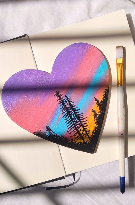 Heart shaped canvas, canvas painting, art, artist,  aesthetic artwork, aesthetic painting,  aesthetic art, sunset evening,  aesthetic sunset, sunset painting Heart Shape Canvas Painting, Draw Painting, Heart Magnets, Heart Canvas, Painted Hearts, Winter Painting, Aesthetic Ideas, Indian Art Paintings, Mini Canvas