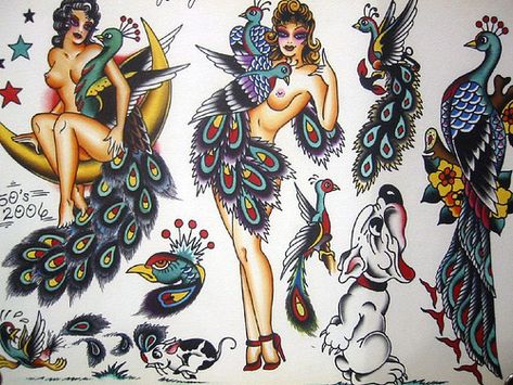 Vintage Tattoo Flash Art 57 | Flickr - Photo Sharing! Sailor Jerry Tattoo Flash, Vintage Tattoos, Punk Tattoo, Peacock Feather Tattoo, Peacock Tattoo, Sailor Jerry Tattoos, Tattoo Old School, Old School Tattoo Designs, Traditional Tattoo Design