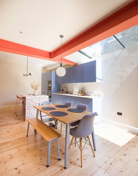 Exposed Steel Beams In Kitchen, Coloured Steel Beams, Painted Exposed Beams, Painted Steel Beams, Rsj Beam Ideas Kitchen, Exposed Steel Beam Kitchen, Steel Beams Interior, Exposed Beams In Kitchen, Blue Kitchen Modern