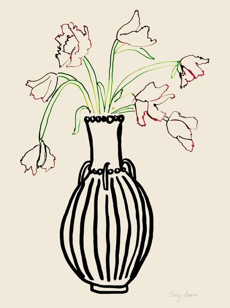 Sketch Art Print, Flower In Vase Illustration, Vase Of Flowers Drawing, Flowers In Vase Drawing, Vase Art Drawing, Drawing Vases, Flower Vase Illustration, Tulips Illustration, Tulips Vase