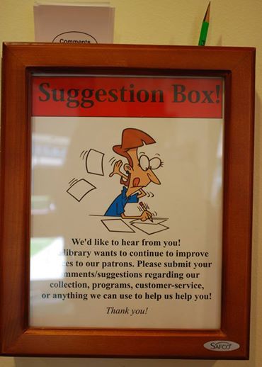 We'd like to hear from you! ---- We have a newly installed suggestion box located in front of the circulation desk. Please let us know your thoughts and ideas! ----August 2014 Orangeburg Library Library Suggestion Box Ideas, Suggestion Box Ideas Office, Librarian Desk, Suggestion Box Ideas, Circulation Desk, Passive Programming, Nurse Leader, Passive Programs, Homeschool Room