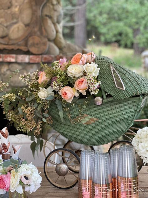 Celebrate: How to Make a Flower Filled Baby Carriage - French Country Cottage Rose Gold Flatware, French Vintage Decor, Fancy Table, Vintage Baby Shower, Outdoor Baby Shower, Baby Buggy, Buy Candles, Shabby Style, Outdoor Table Settings