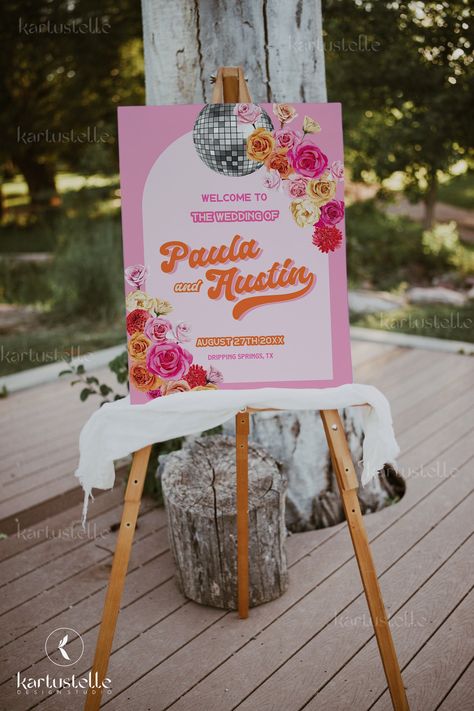 Orange Floral Wedding, Floral Wedding Sign, Disco Wedding, Welcome Wedding Sign, Orange Party, Welcome Sign Template, Wedding Welcome Sign, Retro Party, Wedding Welcome Signs