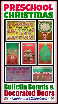 Christmas Bulletin Boards and Decorated Doors in Preschool via RainbowsWithinReach Decorated Classroom Doors, Christmas Tree Bulletin Board, Themed Bulletin Boards, Christmas Bulletin Board Ideas, Tree Bulletin Board, December Themes, Bulletin Board Tree, Decorated Doors, December Projects