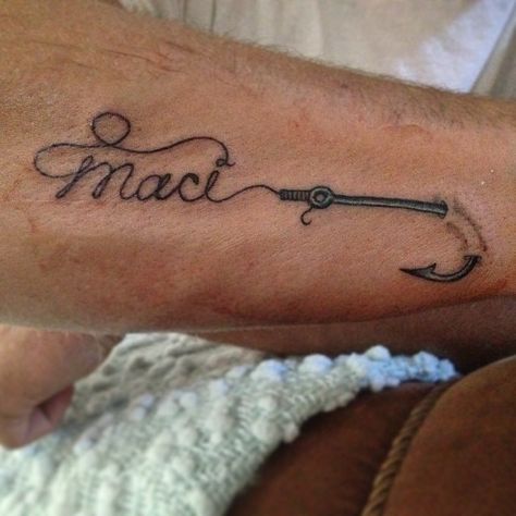 Fishing tattoo Wife's name Side of forearm Fish Hook Tattoo With Name, Wifes Name Tattoo, Last Name Tattoos, Daughters Name Tattoo, Fishing Tattoos, Married Couple Tattoos, Fishing Hook Tattoo, Hook Tattoos, Fishing Tattoo