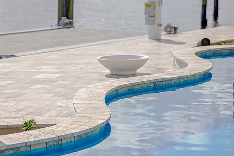 Pool Copping, Inground Pool Coping, Pool Coping Ideas, Natural Stone Pool, Stone Pool Coping, Pool Paving, Stone Water Features, Silver Travertine, Travertine Pool Coping