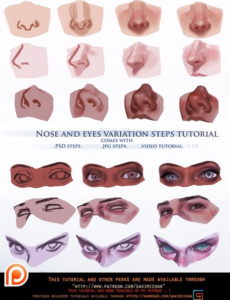 Official Post from Sakimi Chan: As some of you suggested I did a simple update setp by step video tutorial on some nose and eyes variations :)  each of them will be covered from 6-7 steps.  I used the standard round brush for all of them. ►This is a term 45, tier 3+ reward ◄(term 45 sign up time is from January1-21)(will be send o Drawing Tutorial Face, Výtvarné Reference, Seni Cat Air, Round Brush, Anatomy Drawing, Digital Painting Tutorials, Anatomy Art, Drawing Tutorials, Digital Art Tutorial