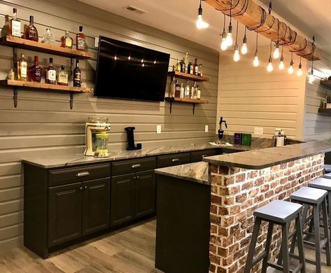 #basementrenovation #basementmancaveideas #basementideas #homedecor Basement Pub Bar Ideas, Pendant Lights Basement Bar, Ikea Basement Bar Ideas, Basement Bar And Office, Man Cave Bathroom Ideas Half Baths, Rustic Basement Remodel Ideas, Basement Bar U Shape, Trilevel Basement Ideas, Retro Basement Bar Ideas