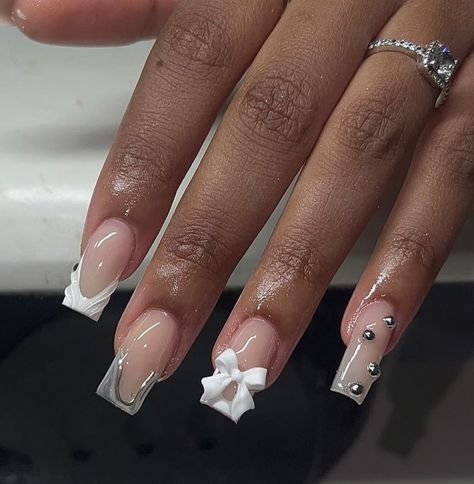 French Top Design Nails, White French Tip With Gold Accent, 21st Birthday Acrylic Nails, White French With Design, Simple Bling Nails, C Curve Nails, Hello Nails, Lavender Nails, Drip Nails