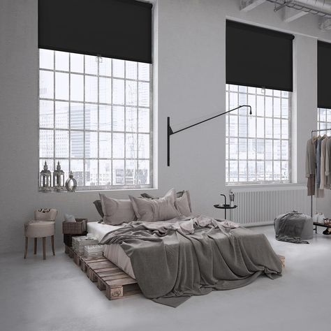 Industrial Minimalist Bedroom, Cordless Roller Shade, Room Cooler, Privacy Shades, Bedroom Minimalist, Industrial Bedroom, Solar Shades, Interior Windows, Modern Bedroom Furniture