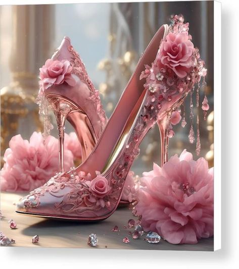 Art Print on Canvas, Pink Stiletto and Roses, Extravently Decorated With Flowers and Gems - Etsy Fairy Heels, Whimsical Shoes, Pleats Fashion, Magic Shoes, Futuristic Shoes, Fairy Shoes, Pink Stilettos, Heels Aesthetic, Pink Stuff