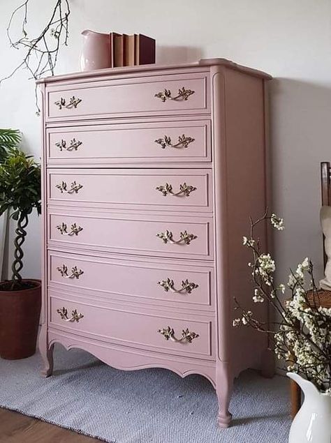 Pink Chest Of Drawers, Refinished Dresser Diy, Pink Nightstands, Pink Drawers, Pink Office Decor, Pink Closet, Pink Furniture, Set Of Drawers, Diy Dresser