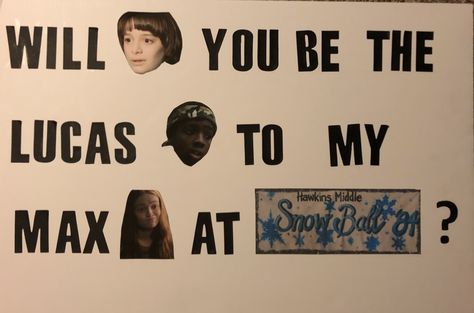 a stranger things snowball homecoming proposal #stangerthings #snowball #lucas #max #homecoming #homecomingproposal Stranger Things Hoco Proposal, Stranger Things Promposal, Stranger Things Snowball, Lucas Max, Asking To Homecoming, Cute Promposals, Promposal Ideas, Stranger Things Theme, Asking To Prom