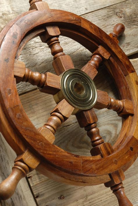 Ship Steering Wheel Wood Ship Steering Wheel, Wood Ship, Ship Cake, Fish Nets, Ships Wheel, Nautical Themed Party, Ship Decor, Coastal Living Rooms, Ship Wheel