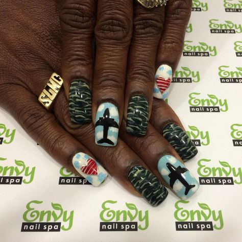 Army, Air Force, Camouflage, Army Fatigue, Airplane, Sky, Heart Nails - Envy Nail Spa Nails Airplane, Army Nails Design, Air Force Nails, Airplane Nails, Army Nail Art, Army Nails, Sky Heart, Hot Nail Designs, Army Fatigue