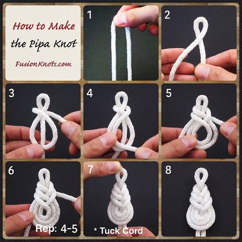 Pipa Knot - Step-by-Step (image) Instructions - Written instructions feat. in my book, Decorative Fusion Knots. Available now on Amazon.… Simpul Makrame, Pola Macrame, Decorative Knots, Paracord Diy, Macrame Knots Tutorial, Makramee Diy, Paracord Knots, Knot Tying, Knots Diy