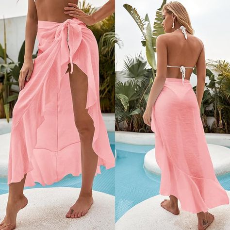 OYOANGLE Women's Mesh Sheer Swimsuit Cover Up Ruffle Tie Side Beach Sarong Wrap Long Skirt Amazon Affiliate Beach Skirt Wrap Cover Up, Beach Wrap Skirt, Sheer Swimsuit, Sarong Wrap, Beach Sarong, Vacay Outfits, Beach Skirt, Swimsuit Cover, Sarong