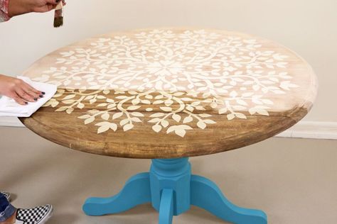 Transform your old table with a gorgeous stencil to give it a breath of new life! #diy #diyhomedecor #transformed #tables Ceiling Mandala, Mandala Furniture, Boho Basement, Tree Of Life Mandala, Mandala Wall Stencil, Upcycle Table, Stenciled Table, Mandala Decals, Cheap Table