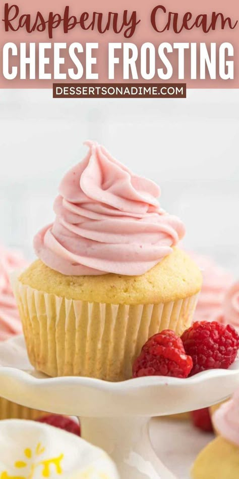 Raspberry Cream Cheese Frosting is so luscious with the perfect amount of raspberry flavor. This frosting is delightful on cupcakes or cakes. This delicious raspberry frosting is very easy with only 6 ingredients. It has the rich flavor of cream cheese frosting with lots of raspberry flavor. #dessertsonadime #raspberrycreamcheesefrosting #raspberryfrosting Raspberry Cake With Lemon Buttercream Frosting, Raspberry Filled Cupcakes With Cream Cheese Frosting, Raspberry Cream Cheese Cupcakes, Berry Cream Cheese Frosting, Lemon Cupcakes With Raspberry Frosting, Pink Cream Cheese Frosting, Raspberry Whipped Cream Frosting, Cream Cheese Cupcake Frosting, Raspberry Cream Filling For Cake