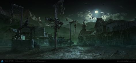 ArtStation - The Ghost Town of Fogmourn ( Wild West Challenge ), IGOR KIRDEIKA Writing Inspiration Pictures, Haunted Town, Cowboy Town, Town Drawing, Post Apocalyptic City, City Tree, Black Cauldron, Ghost City, Fantasy Town