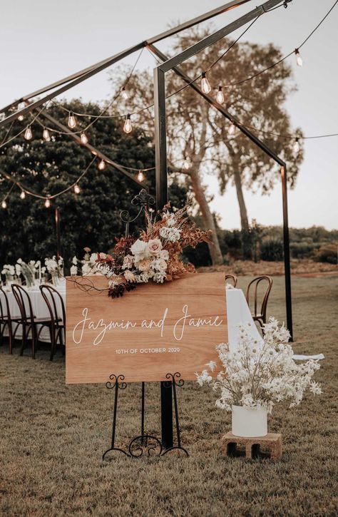 Is there a better combination then outdoor wedding seating and festoon lighting?! What a magical setup #boho #wedding #welcomesign #tablescape #outdoorwedding #eventsign #festoonlighting #outdoordining #underthestars #2020wedding #weddinginspo Wooden Wedding Signs, Reception Inspiration, Vintage Wedding Theme, Event Signage, Wedding Entrance, Wedding Reception Inspiration, Event Sign, Acrylic Letters, Wedding Welcome Sign