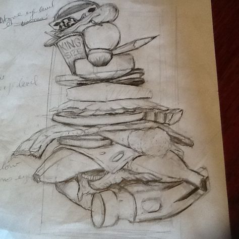 "SUPERSIZE SANDWICH"  HS Drawing 1 class concept sketch. This is my quick sketch as an example. I challenged my students to design a giant sandwich stacked with anything they choose. They have to include above eye level, eye level and below eye level and elements of foreshortening. Fantastical Sandwich Drawing, Sandwich Sketch, Giant Sandwich, Sandwich Drawing, Drawing Objects, Quick Sketch, Class Ideas, Art Portfolio, Drawing Ideas