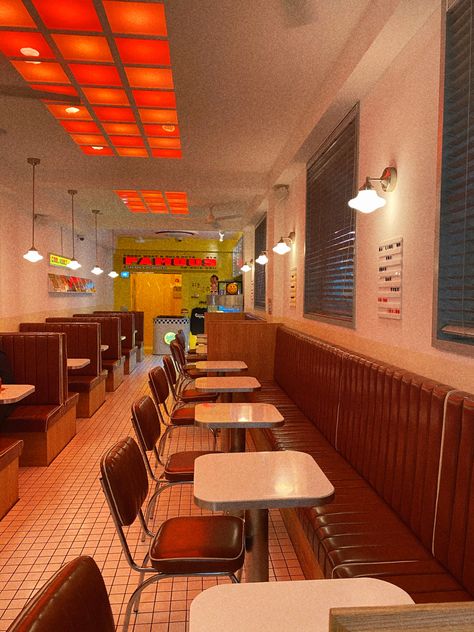 Modern Diner Interior, 1980s Restaurant Interior, Cheesecake Factory Interior, 70s Restaurant Aesthetic, Kopitiam Aesthetic, 70s Cafe Aesthetic, 90s Restaurant Aesthetic, Fast Food Interior, Mexican Coffee Shop