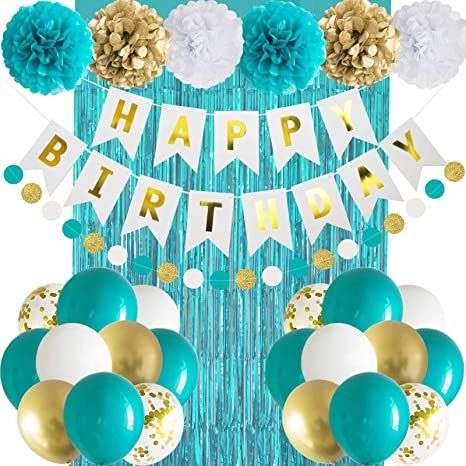 Teal Birthday Party Ideas, Teal And Gold Birthday, Teal Party Decorations, Teal Birthday, Teal Balloons, Foil Fringe Curtain, Teal Party, Turquoise Party, Gold Birthday Party Decorations