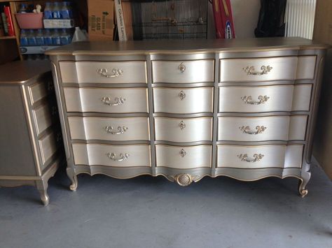 Metallic Two toned Dresser and Side Table. Two Toned Dresser, Silver Painted Furniture, Metallic Dresser, Two Tone Dresser, Silver Leafing, Dresser Makeovers, Metallic Painted Furniture, Metallic Painting, Painted Drawers