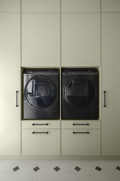 elevated washer/dryer, tile floors, cabinet color Japandi House, Laundry Room Colors, Laundry Doors, Three Birds Renovations, Laundry Cabinets, Modern Laundry Rooms, Laundry Room Cabinets, Urban Farmhouse, Washing Machine And Dryer