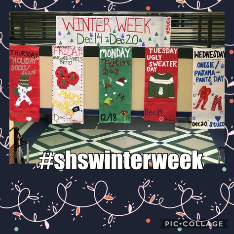 Winter Spirit Week Ideas, Holiday Spirit Week, School Spirit Posters, Homecoming Themes, School Spirit Week, Homecoming Spirit Week, Student Government, Student Leadership, Homecoming Spirit