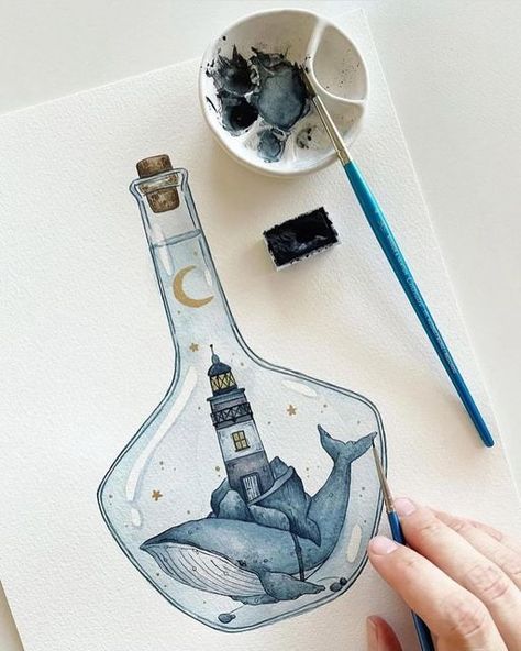 Watercolor Art Whale, Jar Sketch, Watercolor Steps, Cold Drawing, Paynes Grey, Sea Creatures Drawing, Whale Watercolor, Whale Drawing, Whale Illustration