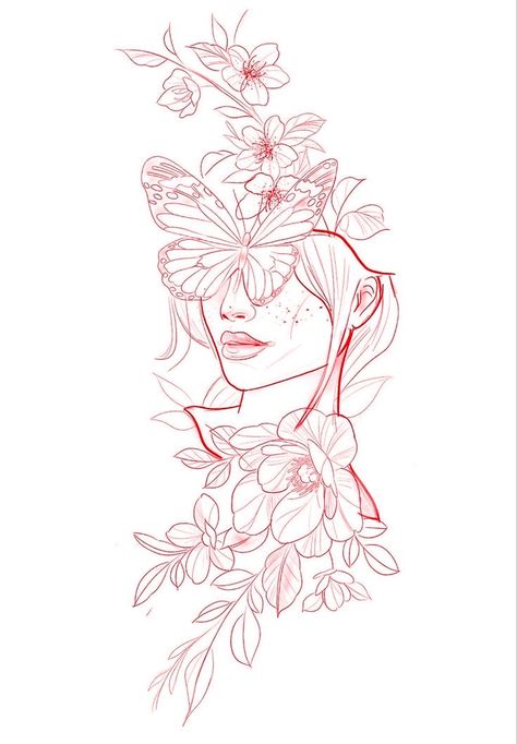 Butterfly Women Tattoo, Back Tattoo Women Sketch, Floral Lady Tattoo, Woman And Flowers Drawing, Butterfly Lady Head Tattoo, Tattoos Of Women Faces, Woman Butterfly Face Tattoo, Womens Face Tattoo Design, Girly Sleeve Tattoo Ideas