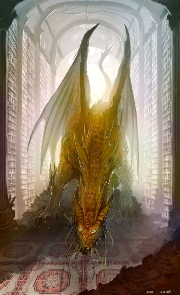 dragon in the library Golden Dragon Fantasy Art, Ancient Gold Dragon Dnd, Gold Dragon Fantasy Art, Yellow Dragon Art, Ancient Gold Dragon, Gold Dragon Art, Dragon Hoarding, Golden Dragon Art, Dragon Library