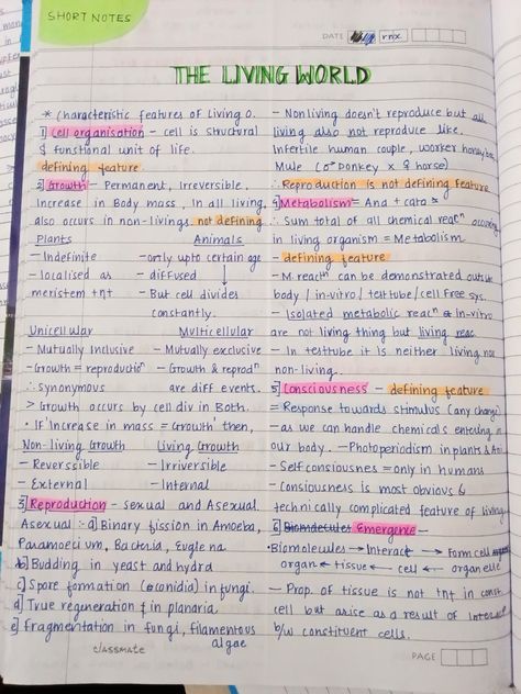 Follow for more such short notes ! Living World Short Notes For Neet, Living World Notes For Neet, The Living World Notes Biology, Biology Class 11, Neet Notes, School Routine For Teens, Aesthetic Writing, Short Notes, School Routine