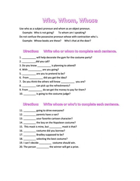 Who Whom Whose Worksheet, Whose Worksheet, Possessive Pronoun, Object Pronouns, Word Online, English As A Second Language (esl), English As A Second Language, English News, School Subjects