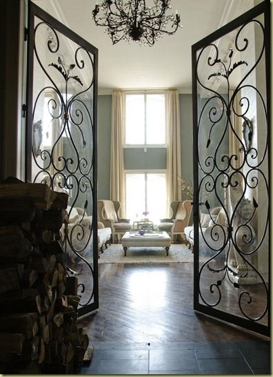 scrolled wrought iron french doors Pintu Interior, Wrought Iron Doors, Wrought Iron Gates, Dutch Door, Doors Sliding, Design Room, Open Door, Iron Gates, Design Del Prodotto