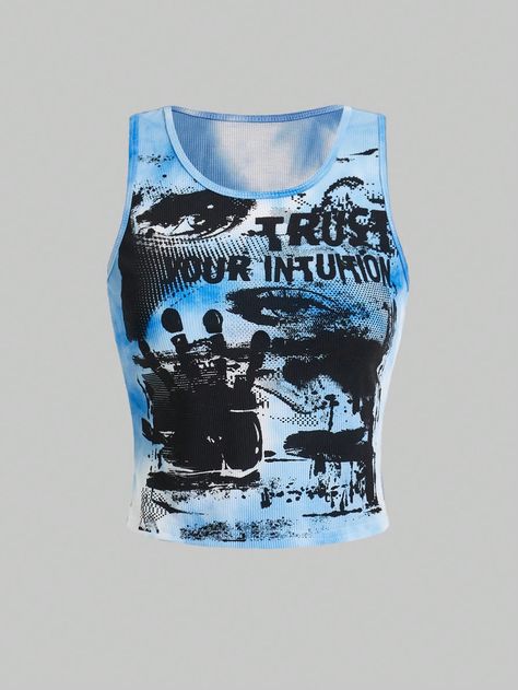 Women's Figure And Letter Printed Tank Top Baby Blue Casual   Knitted Fabric Figure,Halloween,Letter,Tie Dye Tank Medium Stretch  Women Clothing, size features are:Bust: ,Length: ,Sleeve Length: Halloween Letras, Punk Woman, Fashion Top Outfits, Skirt And Sneakers, Women Figure, Women Tank Tops, Grunge Punk, Really Cute Outfits, Print Tank