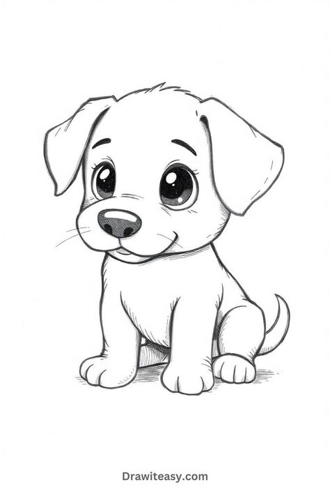 A cute, wide-eyed puppy sitting down, drawn in a detailed black-and-white sketch with soft, rounded features. Doodle Art Animals, Cute Puppy Sketch, Puppy Drawings, Puppy Drawing Easy, Animal Drawing Ideas, Animals To Draw, Drawing Ideas For Beginners, Puppy Sketch, Easy Animal Drawings