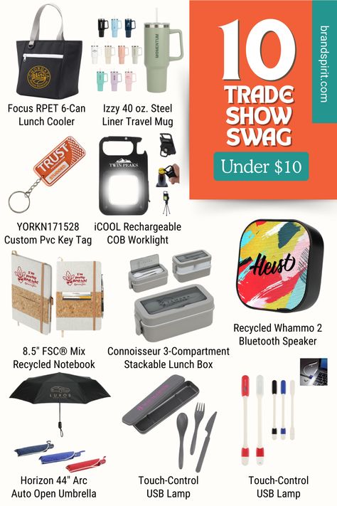 Collection of 10 budget-friendly trade show giveaways including lunch coolers, travel mugs, LED lights, recycled notebooks, and Bluetooth speakers, all priced under $10 by brandspirit.com Giveaway Ideas, Recycled Notebook, Swag Ideas, Trade Show Giveaways, Mini Led Lights, Usb Lamp, Lunch Cooler, Business Event, Key Tags