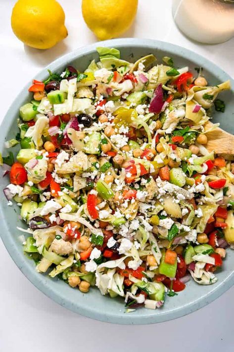 Greek Cabbage Chickpea Salad Chickpea Cabbage, Cabbage And Cucumber Salad, Cabbage Chickpea, Pepperocini Peppers, Greek Cabbage, Entertaining Desserts, Snack Smoothie, Pasta Sides, Persian Cucumber